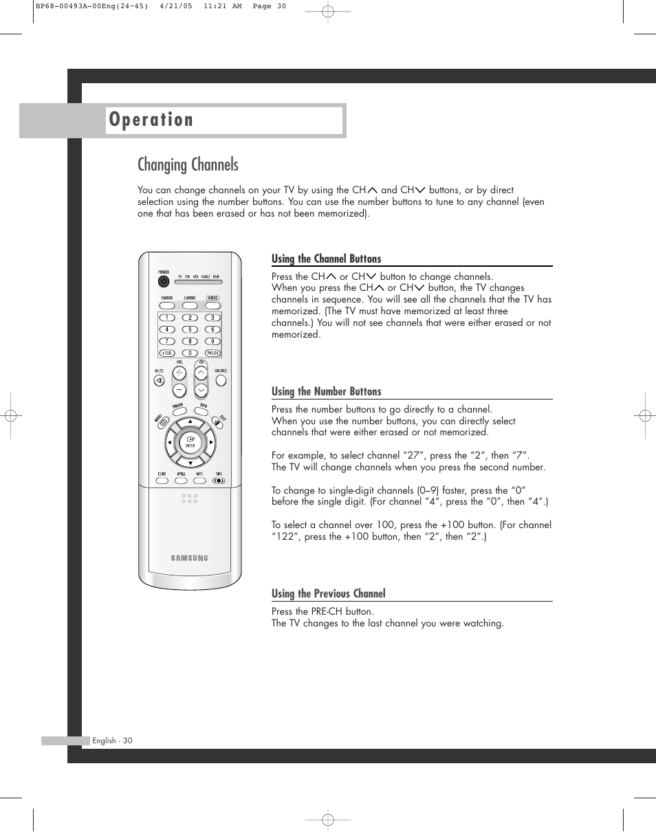 Changing channels, Operation | Samsung HL-R6164W User Manual | Page 30 / 96