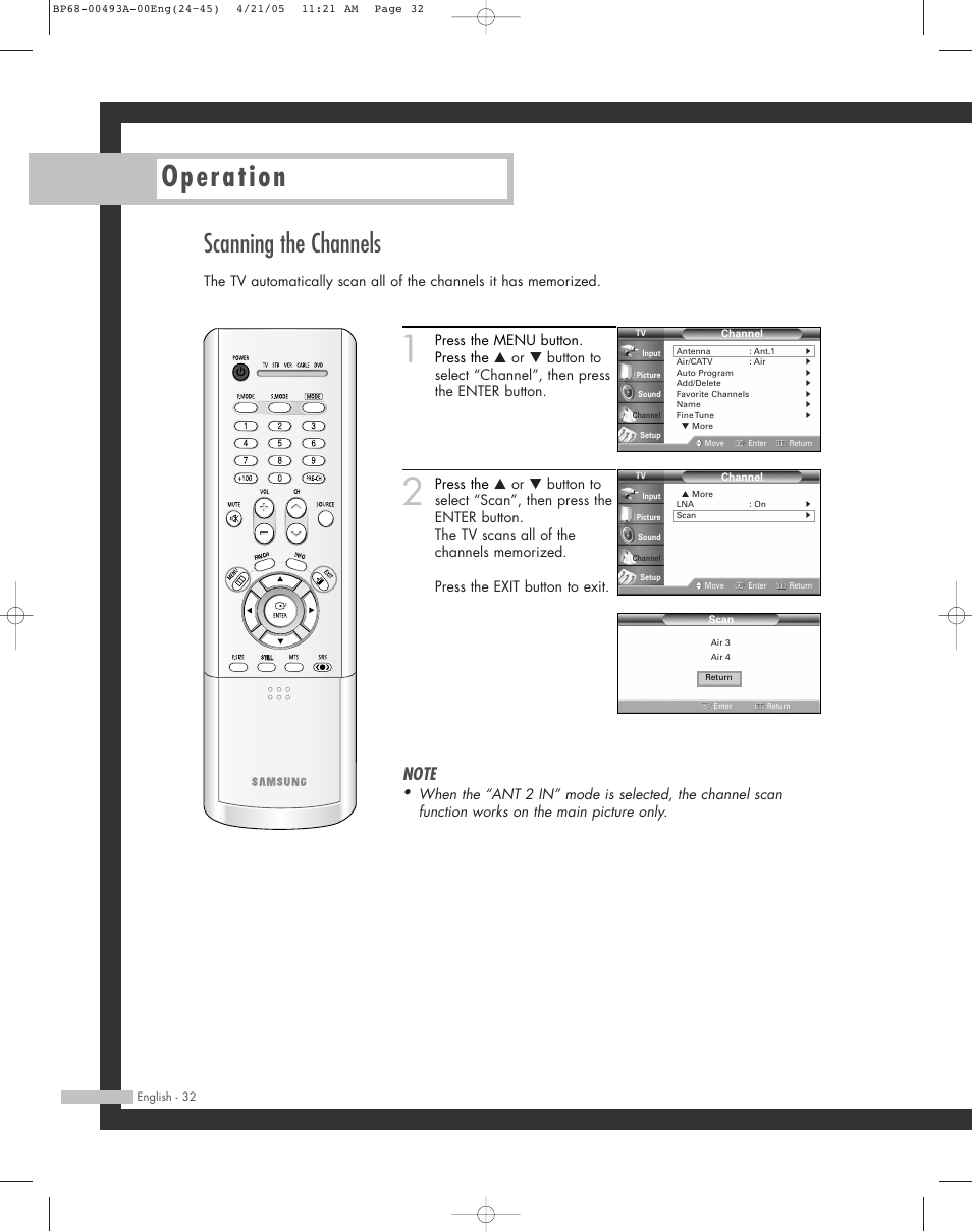 Scanning the channels, Operation | Samsung HL-R6164W User Manual | Page 32 / 96