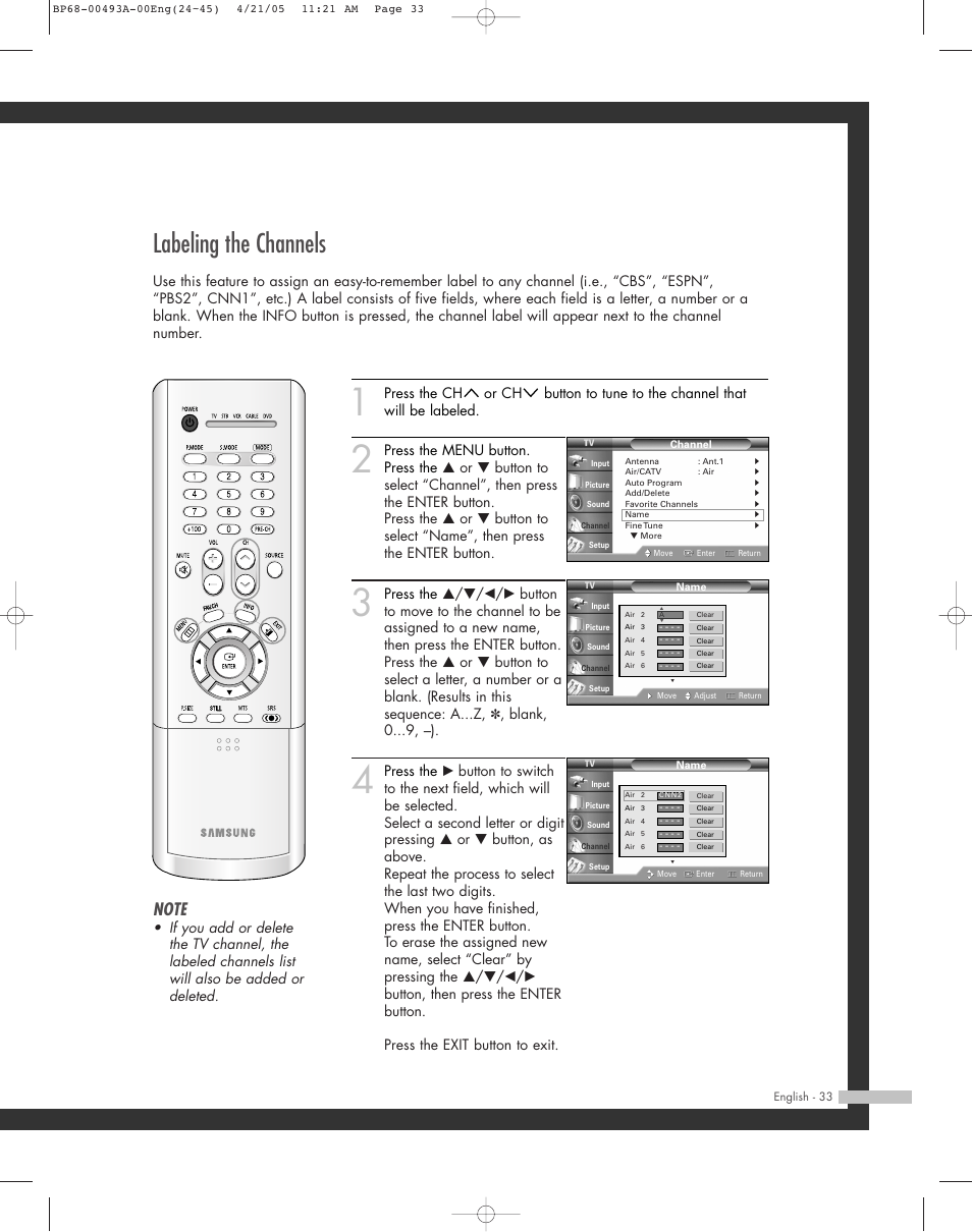 Labeling the channels | Samsung HL-R6164W User Manual | Page 33 / 96