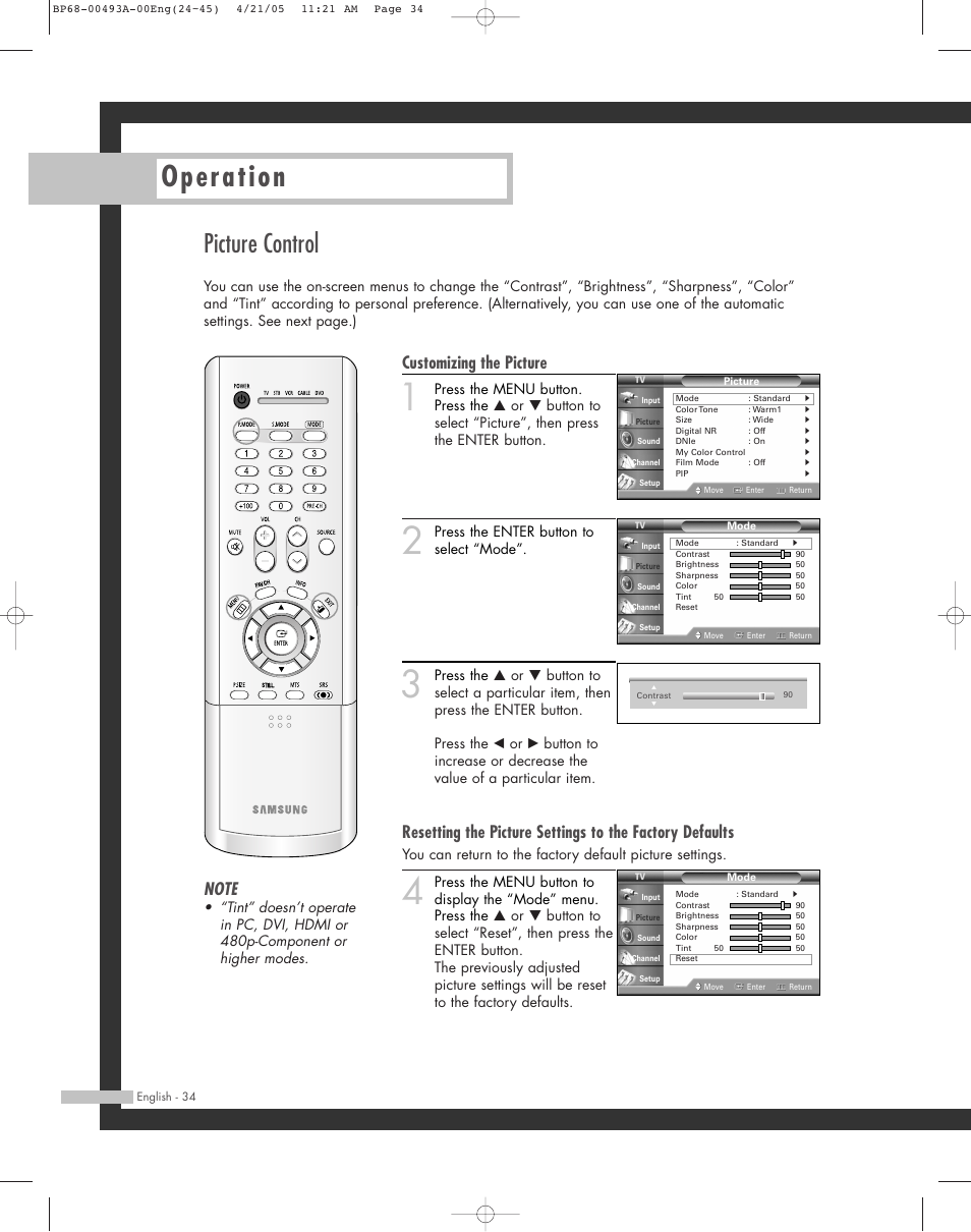 Picture control, Operation, Customizing the picture | Press the enter button to select “mode | Samsung HL-R6164W User Manual | Page 34 / 96