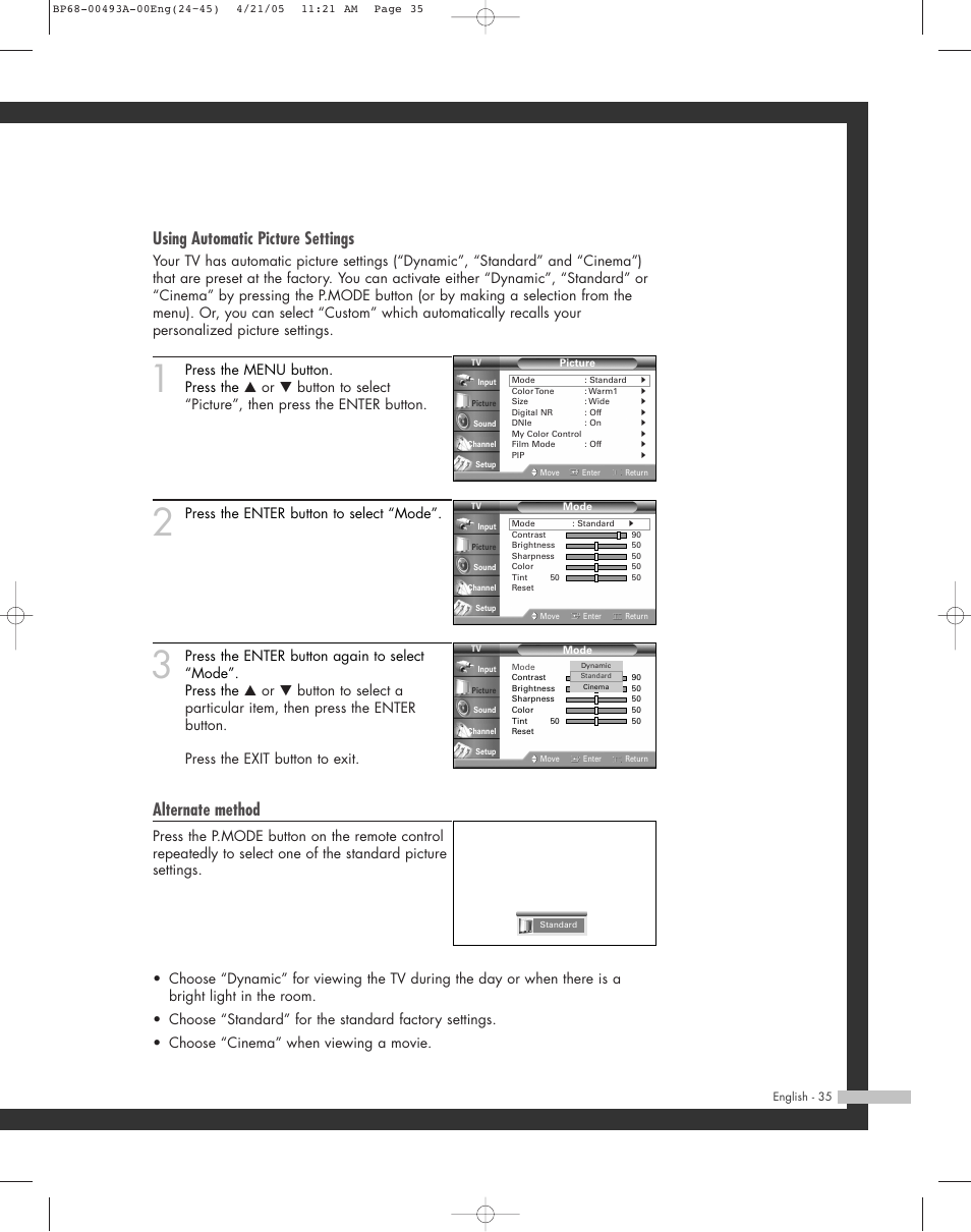 Using automatic picture settings, Alternate method, Press the enter button to select “mode | Samsung HL-R6164W User Manual | Page 35 / 96