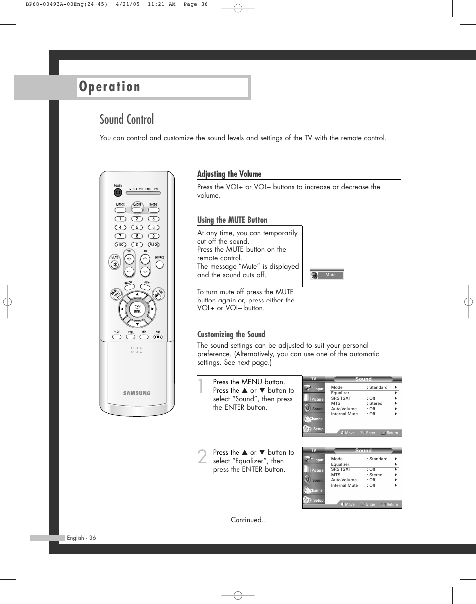 Sound control, Operation, Adjusting the volume | Using the mute button, Customizing the sound | Samsung HL-R6164W User Manual | Page 36 / 96