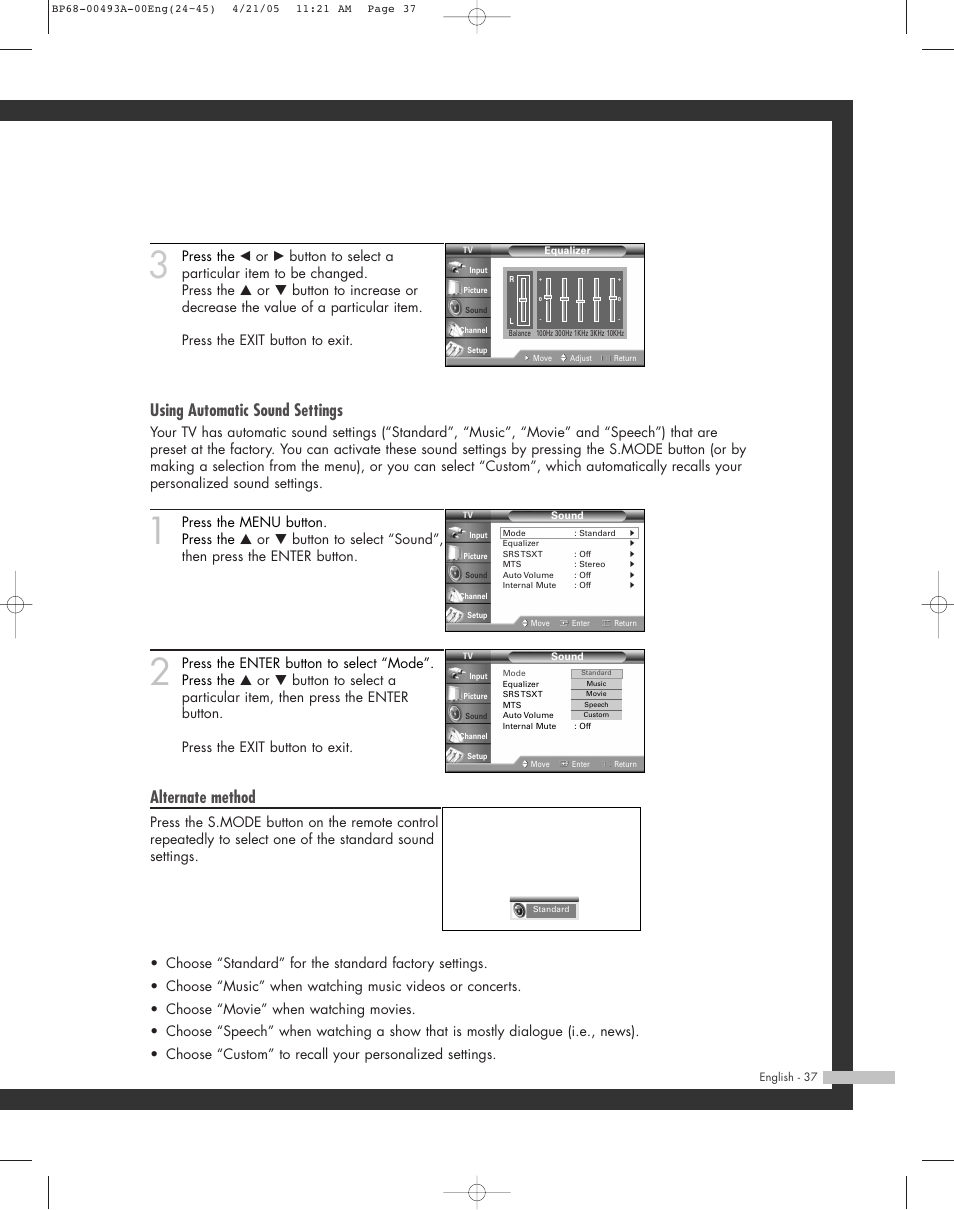 Using automatic sound settings, Alternate method | Samsung HL-R6164W User Manual | Page 37 / 96
