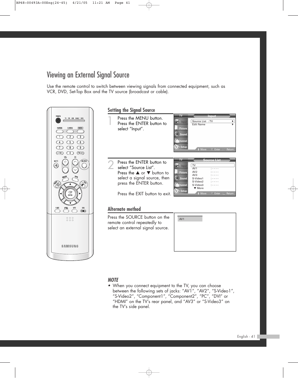 Viewing an external signal source, Setting the signal source, Alternate method | Samsung HL-R6164W User Manual | Page 41 / 96