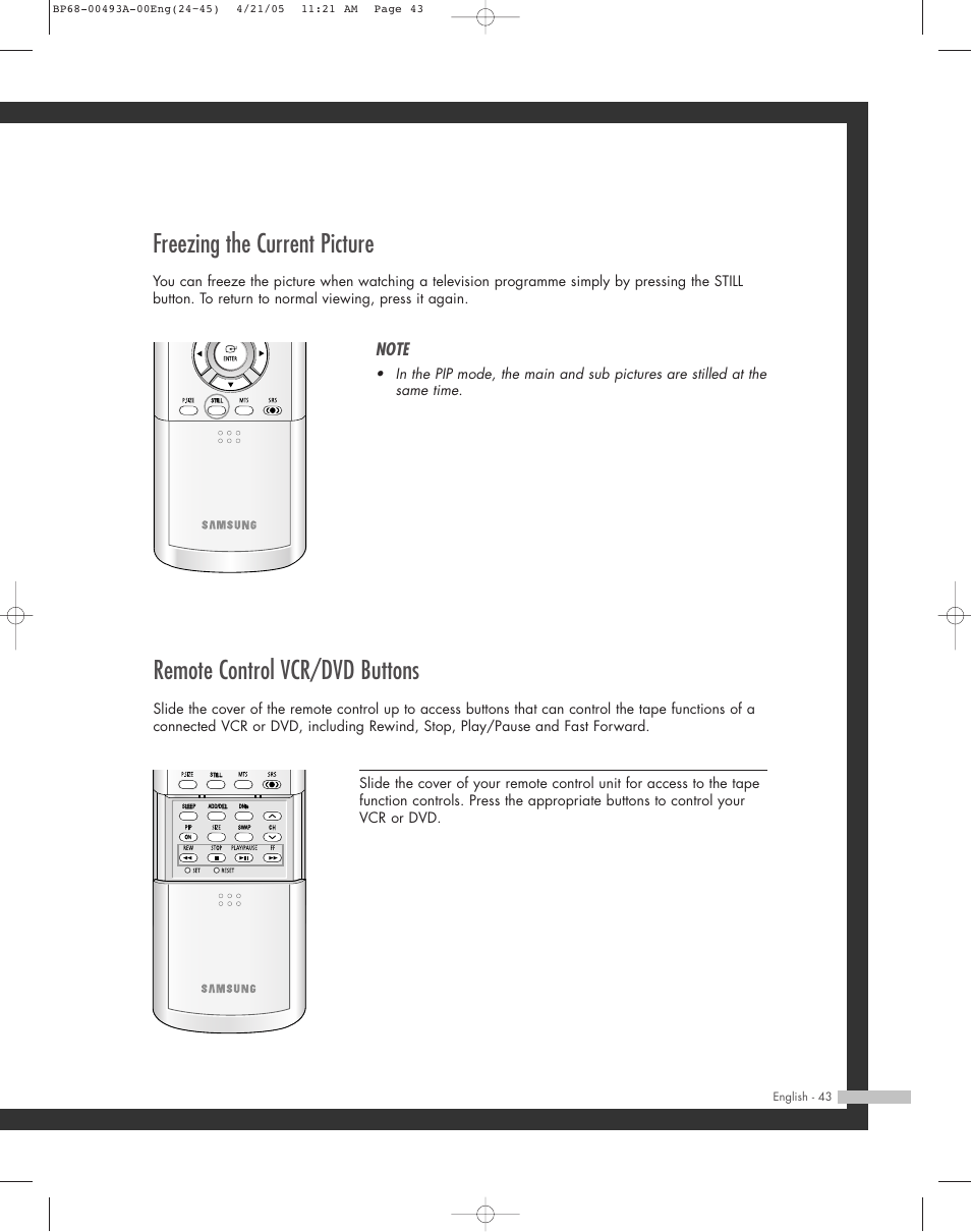 Freezing the current picture, Remote control vcr/dvd buttons | Samsung HL-R6164W User Manual | Page 43 / 96