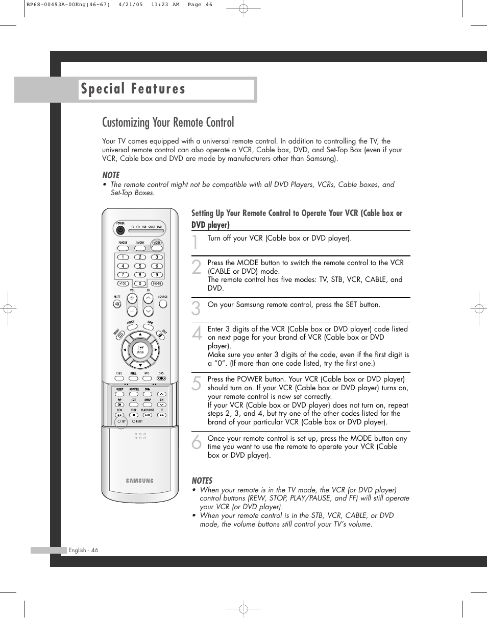 Customizing your remote control, Special features | Samsung HL-R6164W User Manual | Page 46 / 96