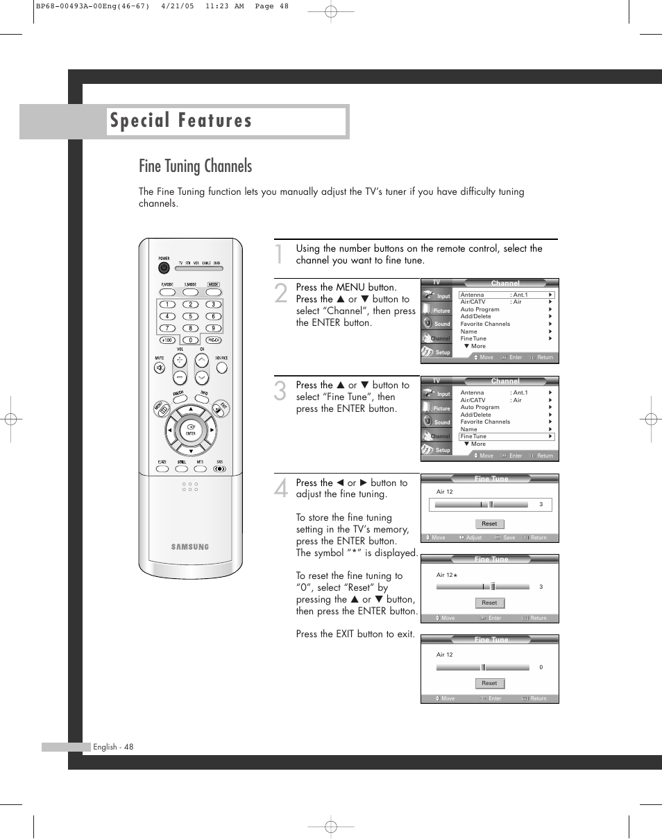 Fine tuning channels, Special features | Samsung HL-R6164W User Manual | Page 48 / 96
