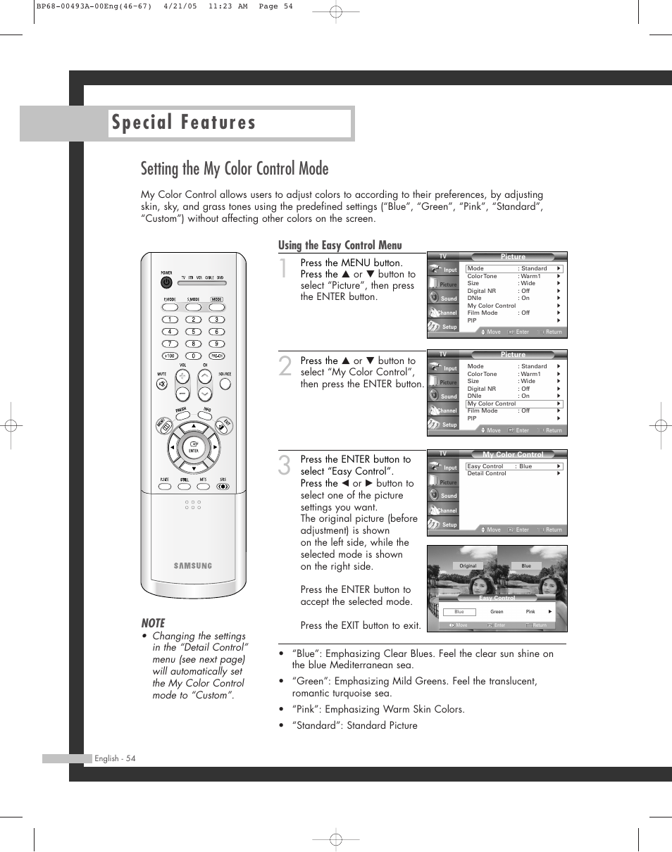 Setting the my color control mode, Special features, Using the easy control menu | Samsung HL-R6164W User Manual | Page 54 / 96