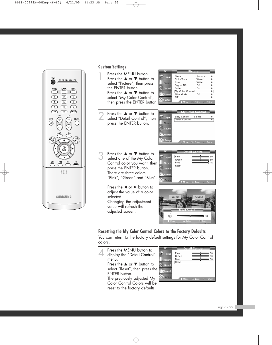 Custom settings | Samsung HL-R6164W User Manual | Page 55 / 96