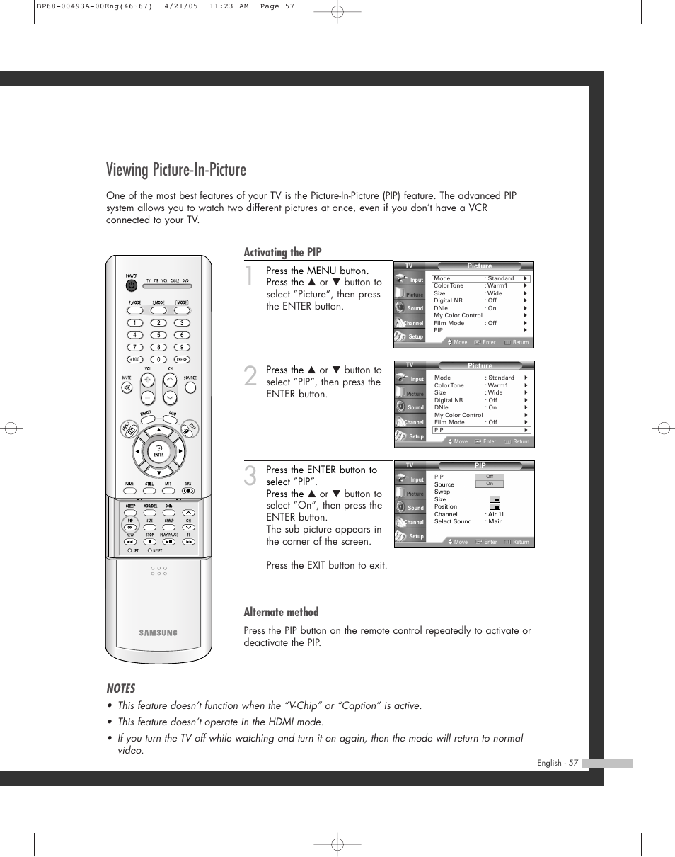 Viewing picture-in-picture, Activating the pip, Alternate method | Samsung HL-R6164W User Manual | Page 57 / 96