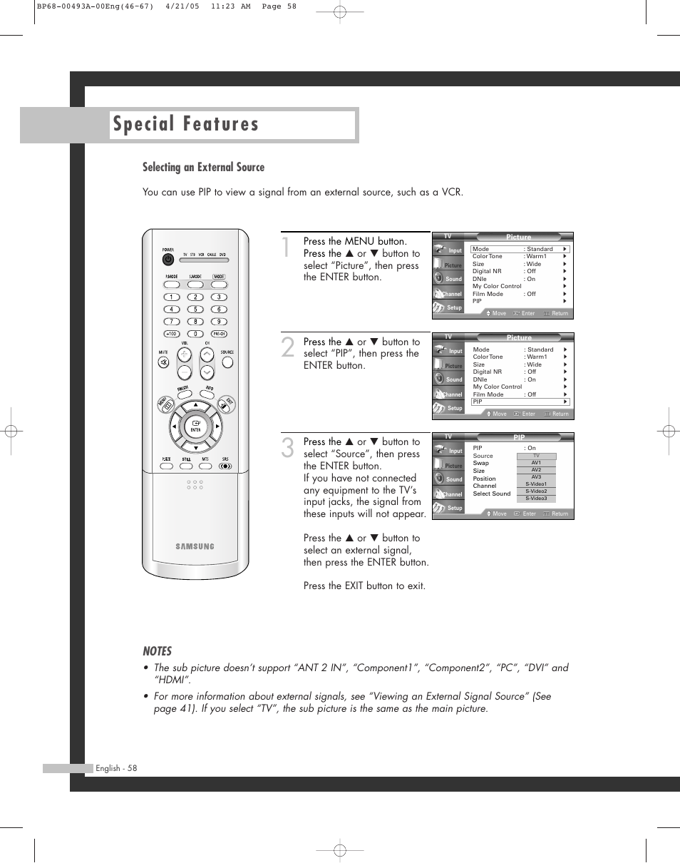 Selecting an external source, Special features | Samsung HL-R6164W User Manual | Page 58 / 96