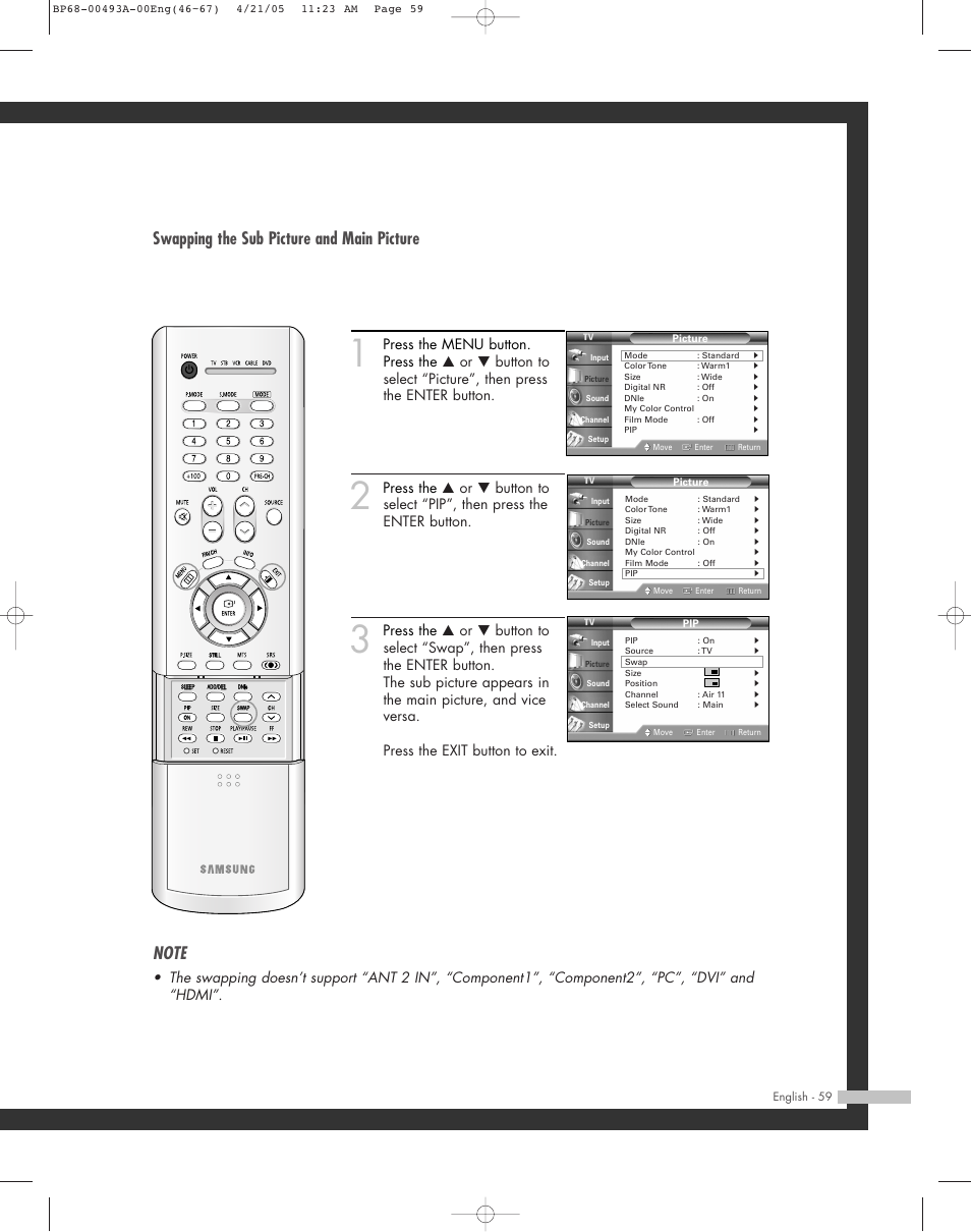 Swapping the sub picture and main picture | Samsung HL-R6164W User Manual | Page 59 / 96