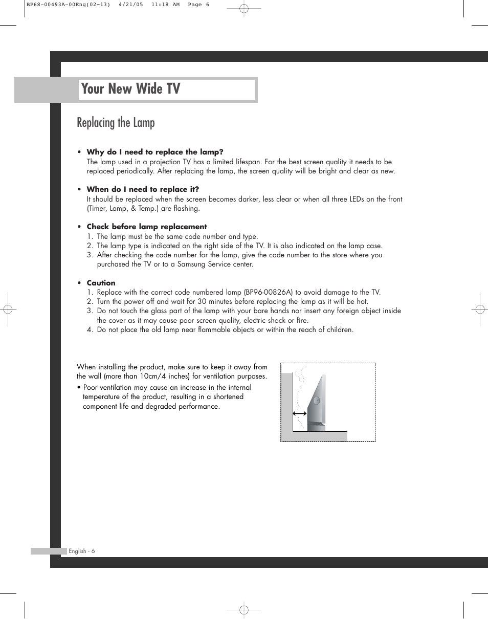 Replacing the lamp, Your new wide tv | Samsung HL-R6164W User Manual | Page 6 / 96