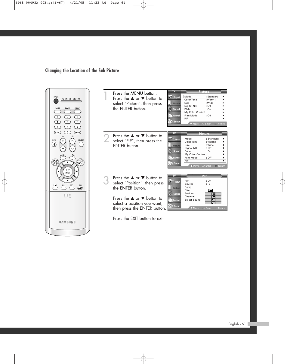 Changing the location of the sub picture | Samsung HL-R6164W User Manual | Page 61 / 96