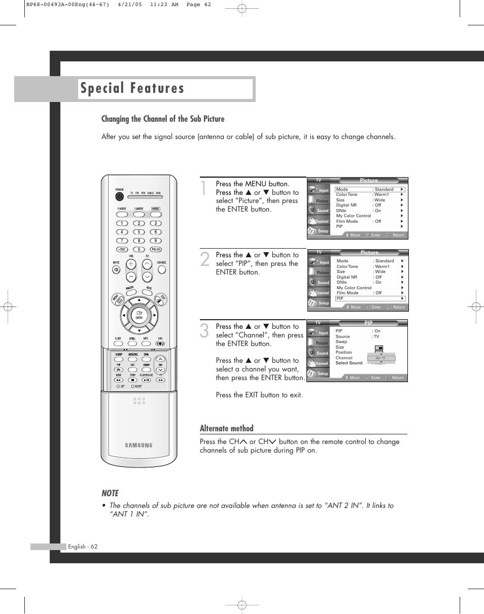 Changing the channel of the sub picture, Special features, Alternate method | Samsung HL-R6164W User Manual | Page 62 / 96
