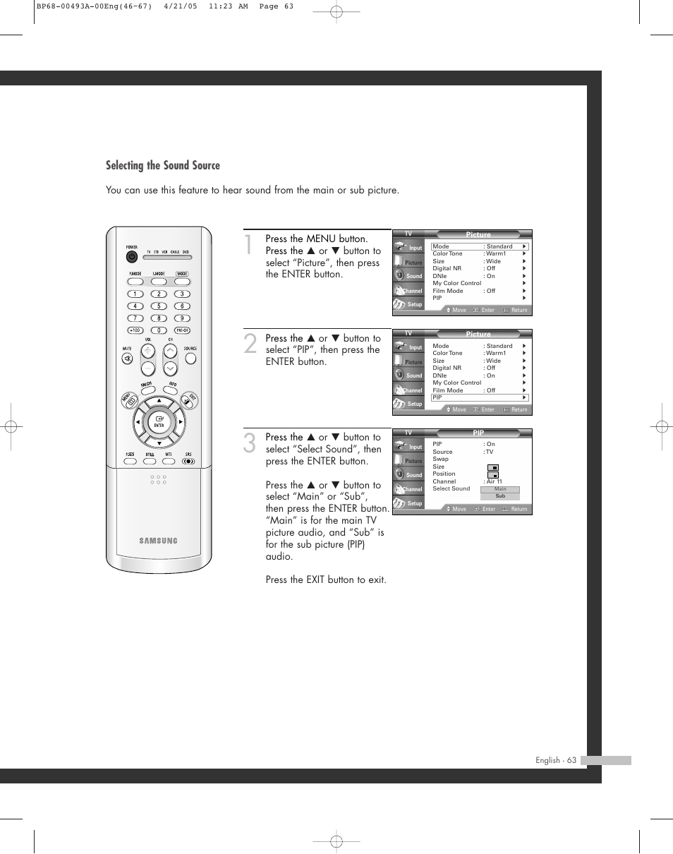 Selecting the sound source | Samsung HL-R6164W User Manual | Page 63 / 96
