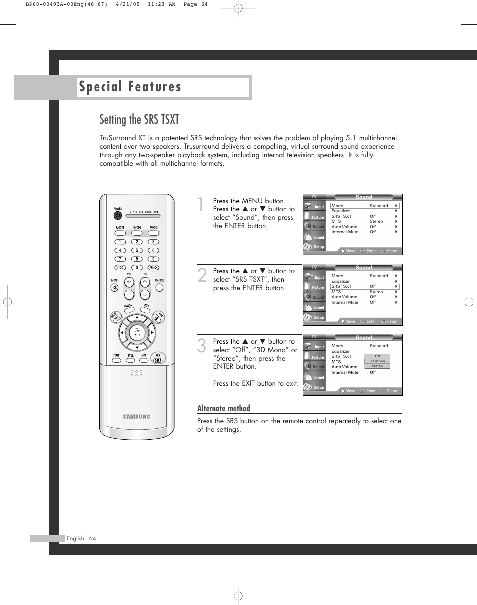 Setting the srs tsxt, Special features, Alternate method | Samsung HL-R6164W User Manual | Page 64 / 96
