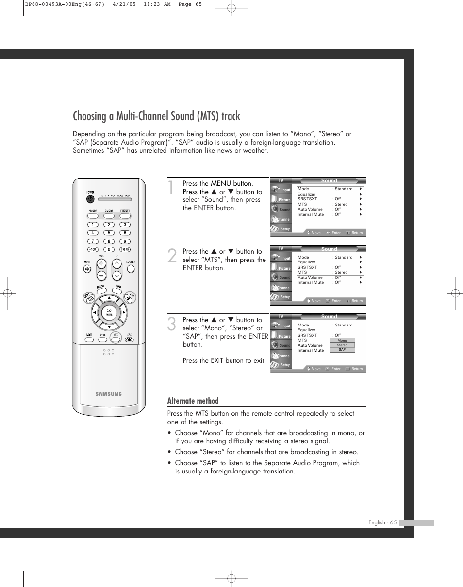 Choosing a multi-channel sound (mts) track, Alternate method | Samsung HL-R6164W User Manual | Page 65 / 96