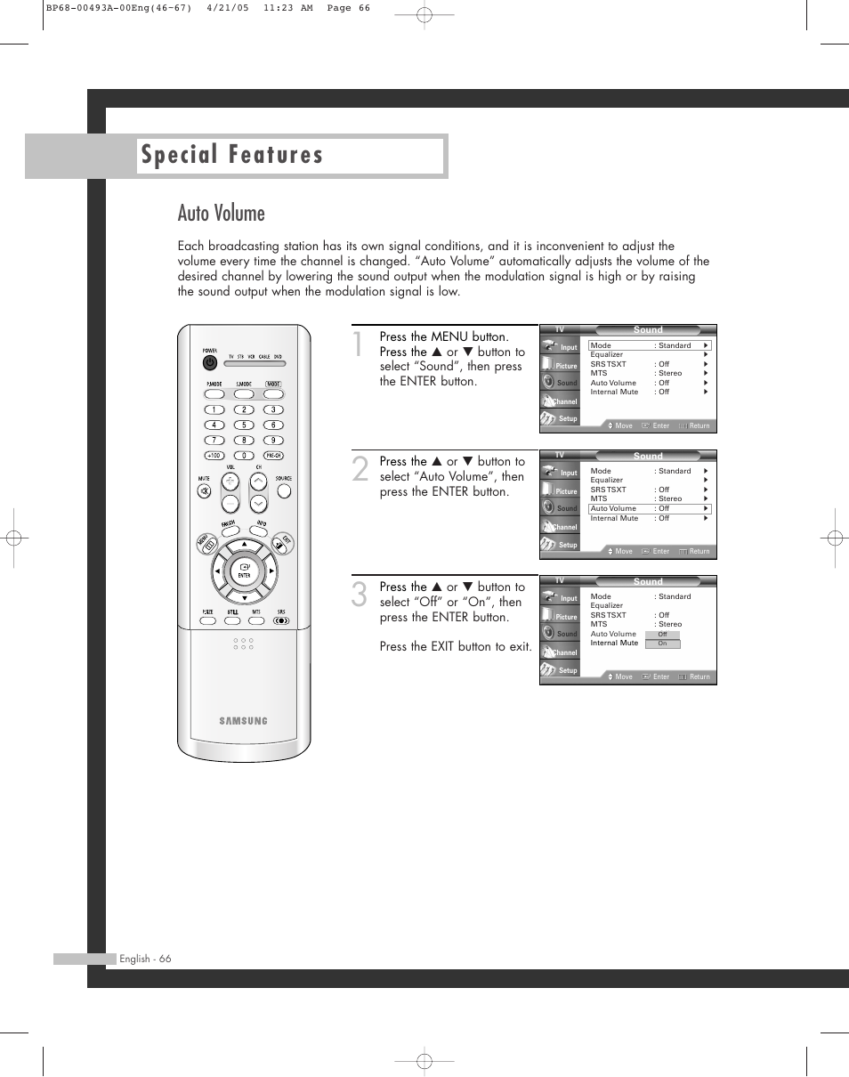 Auto volume, Special features | Samsung HL-R6164W User Manual | Page 66 / 96