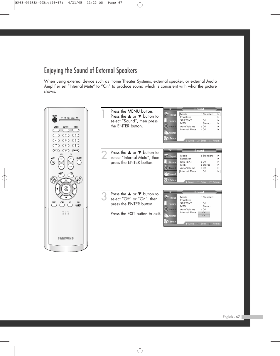 Enjoying the sound of external speakers | Samsung HL-R6164W User Manual | Page 67 / 96
