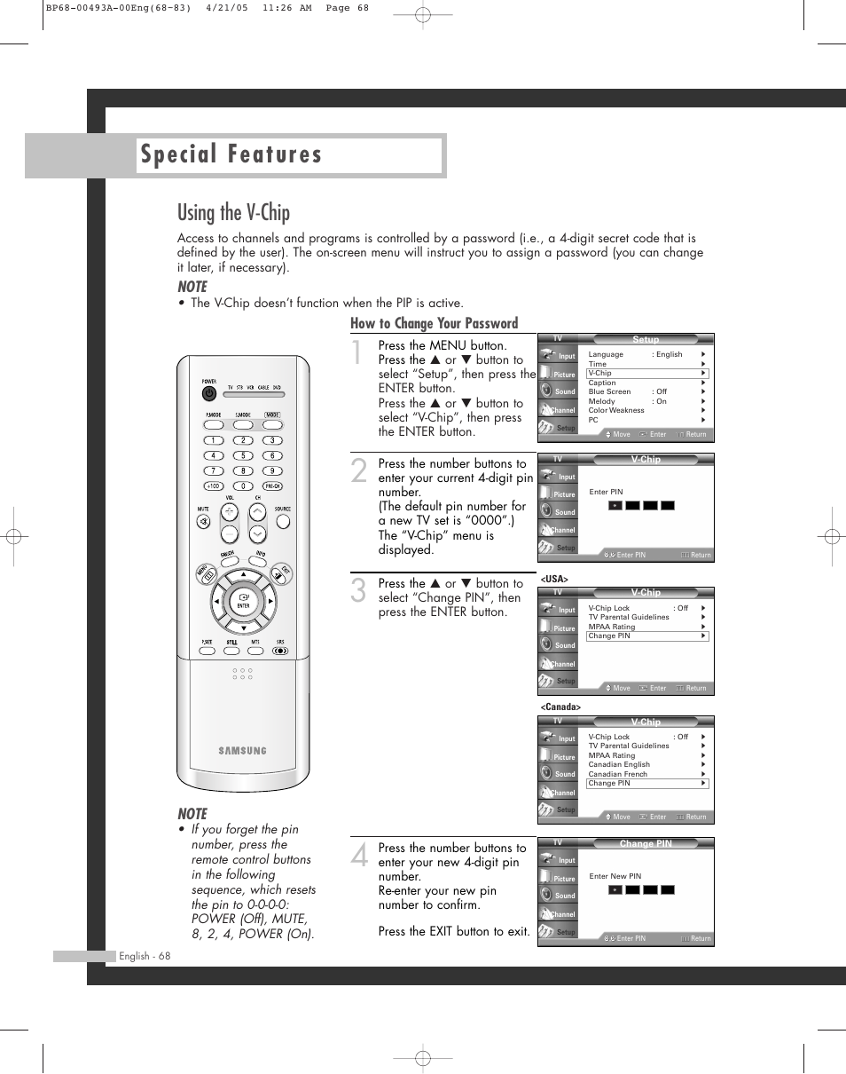 Using the v-chip, Special features, How to change your password | The v-chip doesn’t function when the pip is active | Samsung HL-R6164W User Manual | Page 68 / 96
