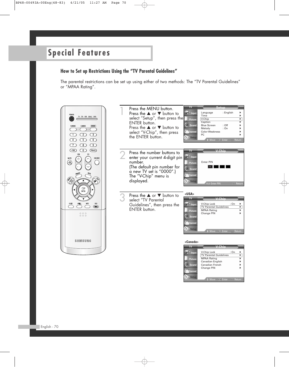Special features | Samsung HL-R6164W User Manual | Page 70 / 96
