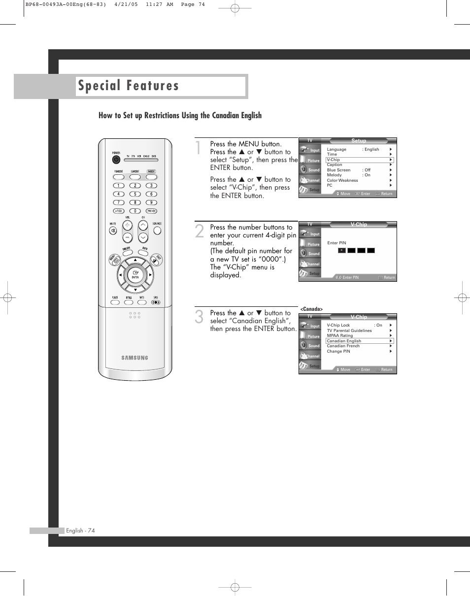 Special features | Samsung HL-R6164W User Manual | Page 74 / 96