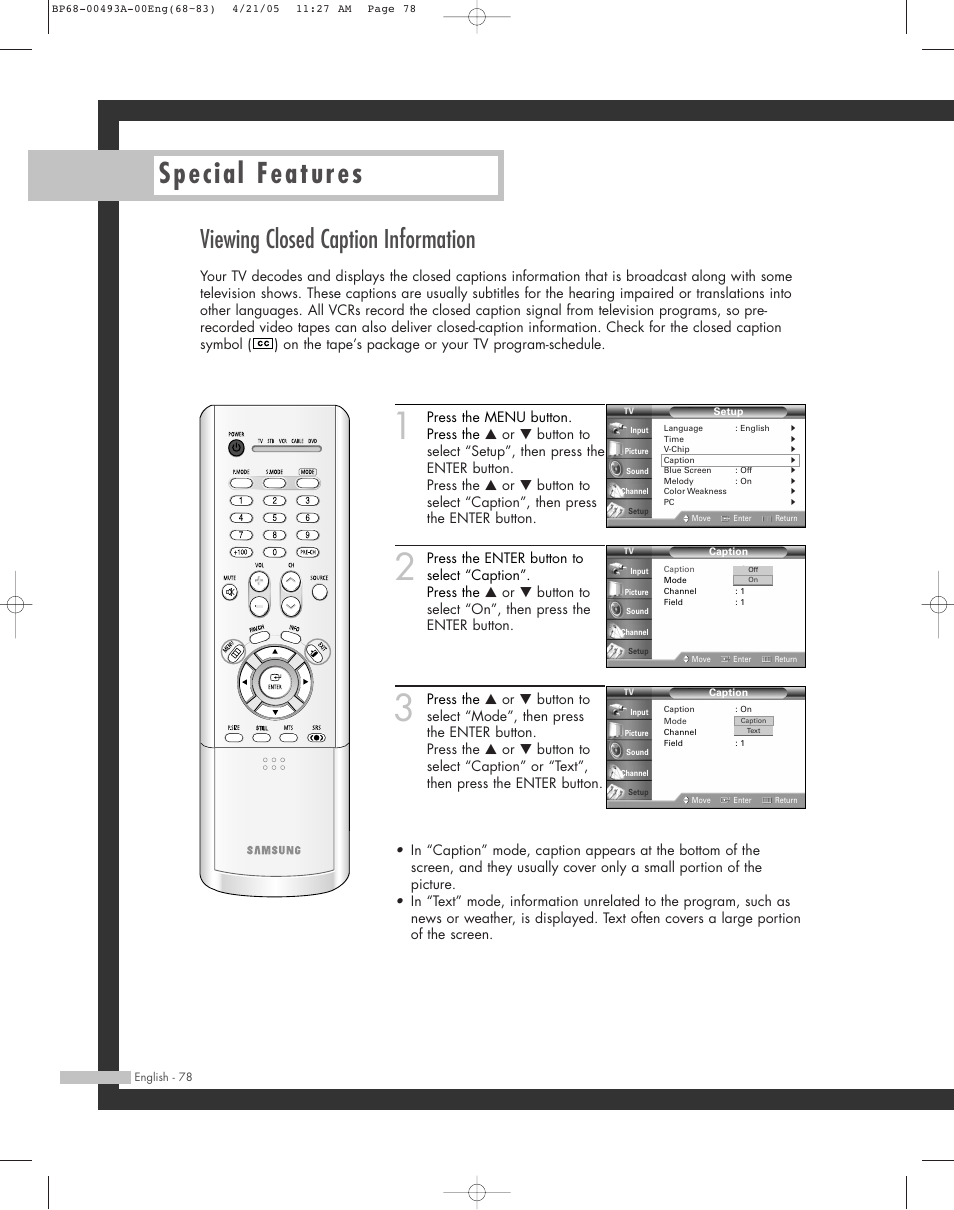 Viewing closed caption information, Special features | Samsung HL-R6164W User Manual | Page 78 / 96