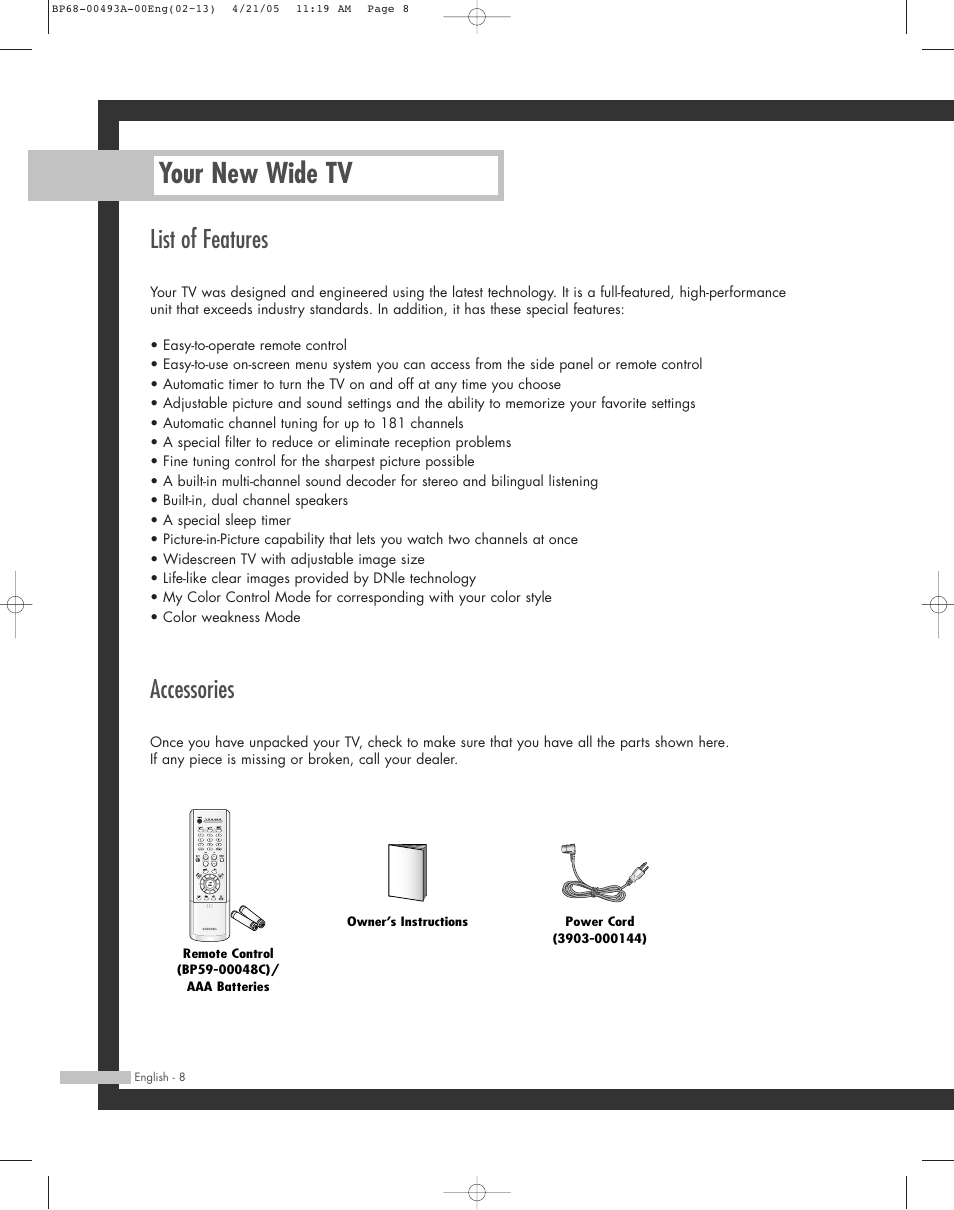 List of features, Your new wide tv, Accessories | Samsung HL-R6164W User Manual | Page 8 / 96