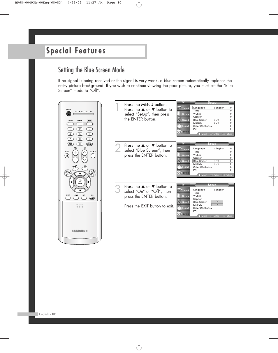 Setting the blue screen mode, Special features | Samsung HL-R6164W User Manual | Page 80 / 96