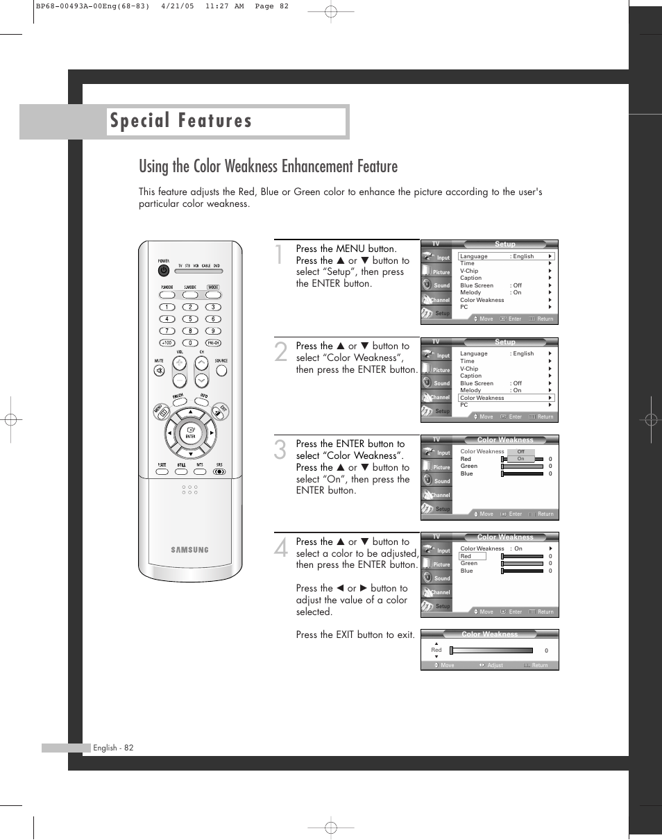 Using the color weakness enhancement feature, Special features | Samsung HL-R6164W User Manual | Page 82 / 96