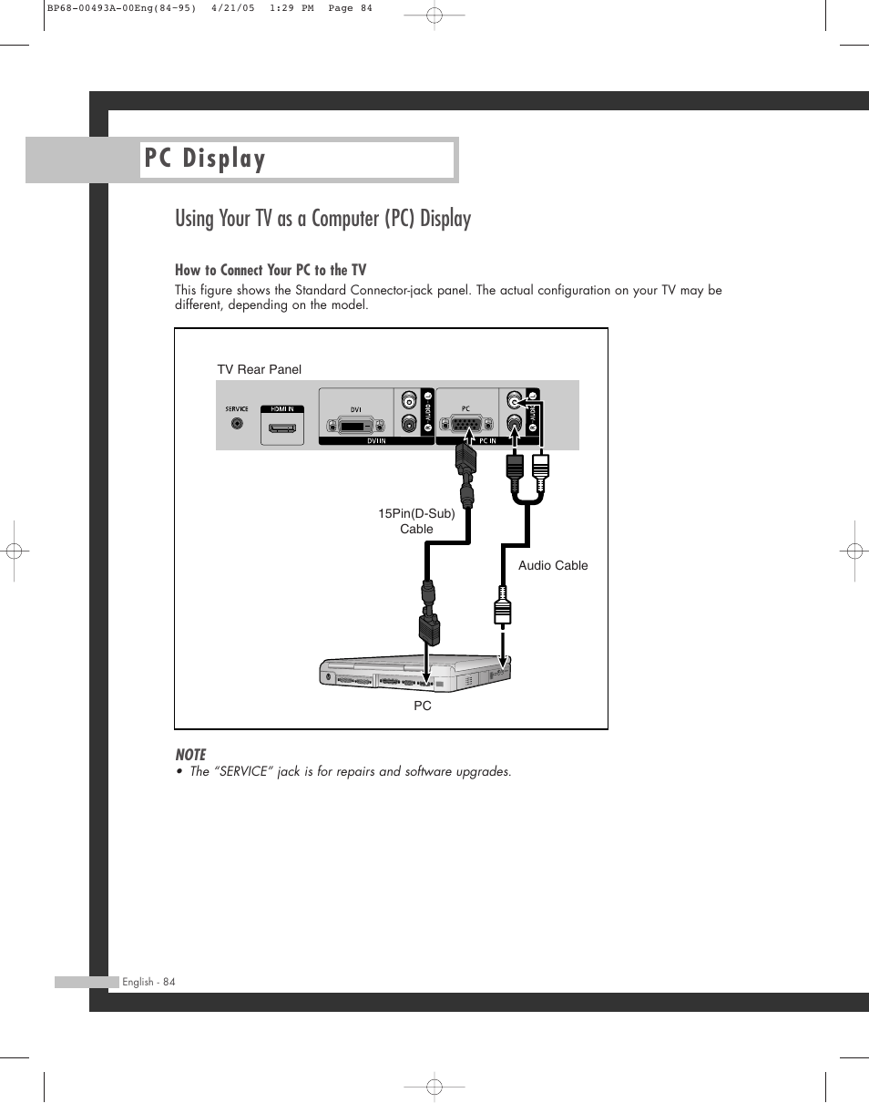 Using your tv as a computer (pc) display, How to connect your pc to the tv, Pc display | Samsung HL-R6164W User Manual | Page 84 / 96
