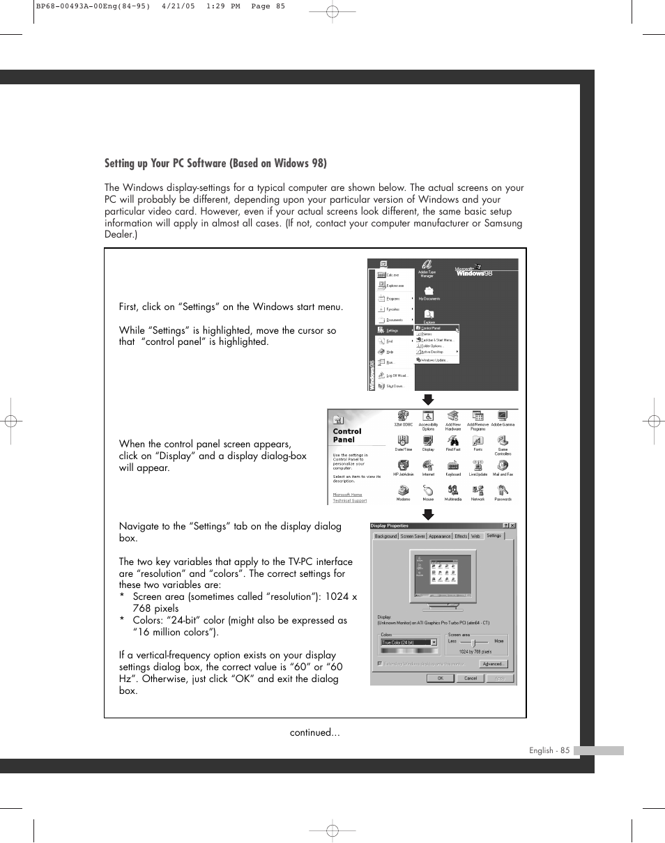 Setting up your pc software (based on widows 98) | Samsung HL-R6164W User Manual | Page 85 / 96