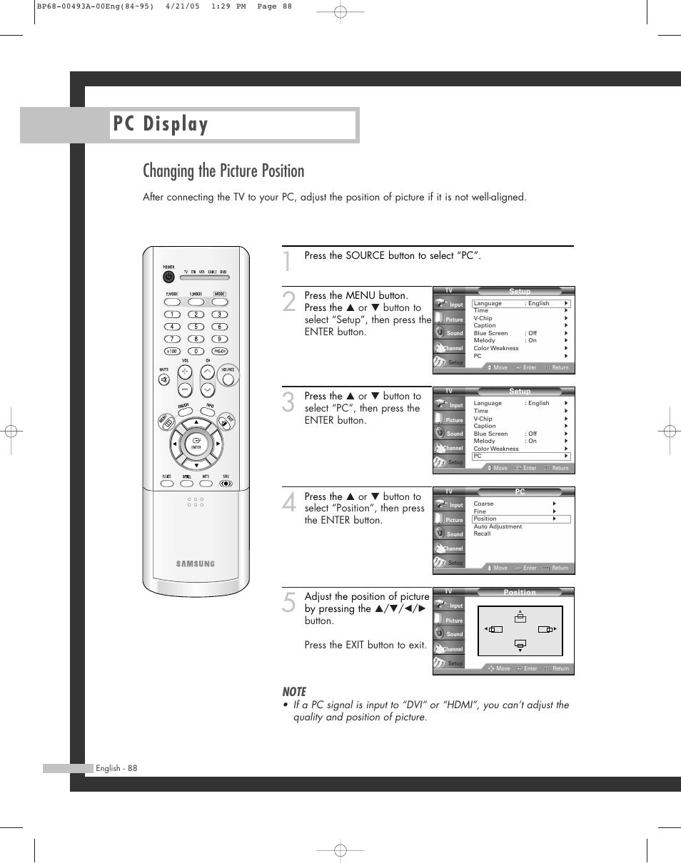 Changing the picture position, Pc display | Samsung HL-R6164W User Manual | Page 88 / 96
