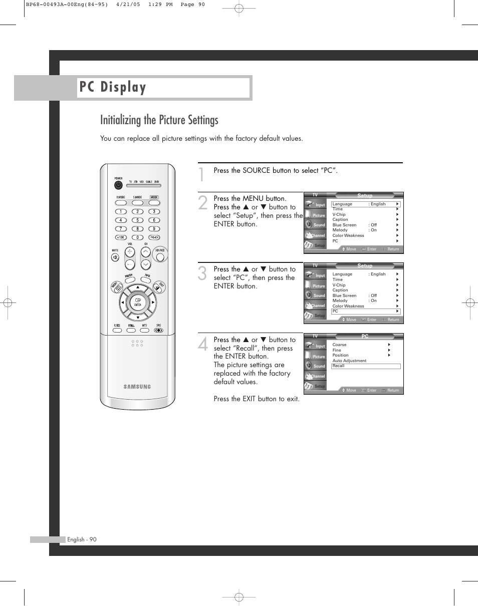 Initializing the picture settings, Pc display, Press the source button to select “pc | Samsung HL-R6164W User Manual | Page 90 / 96