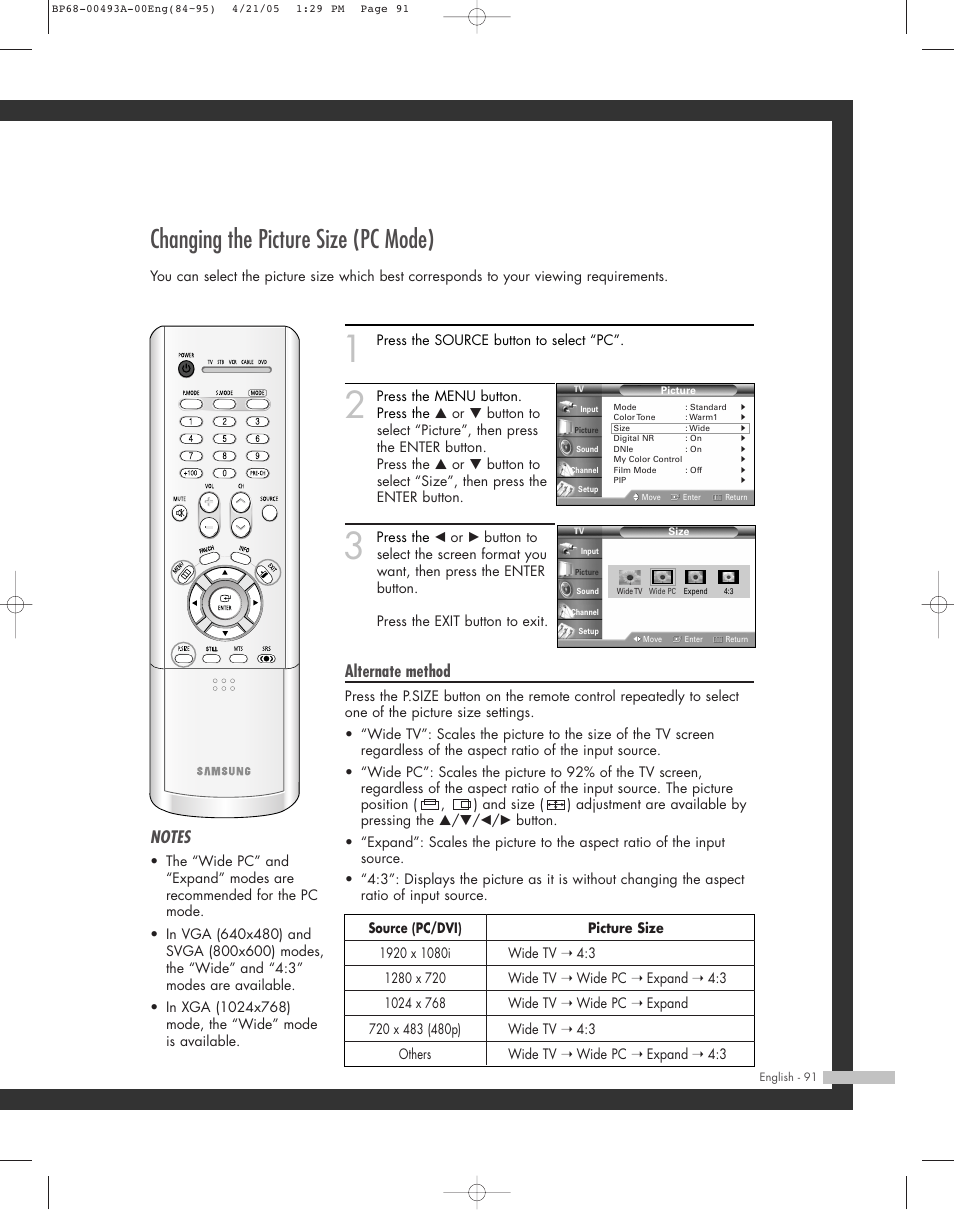 Changing the picture size (pc mode), Alternate method | Samsung HL-R6164W User Manual | Page 91 / 96
