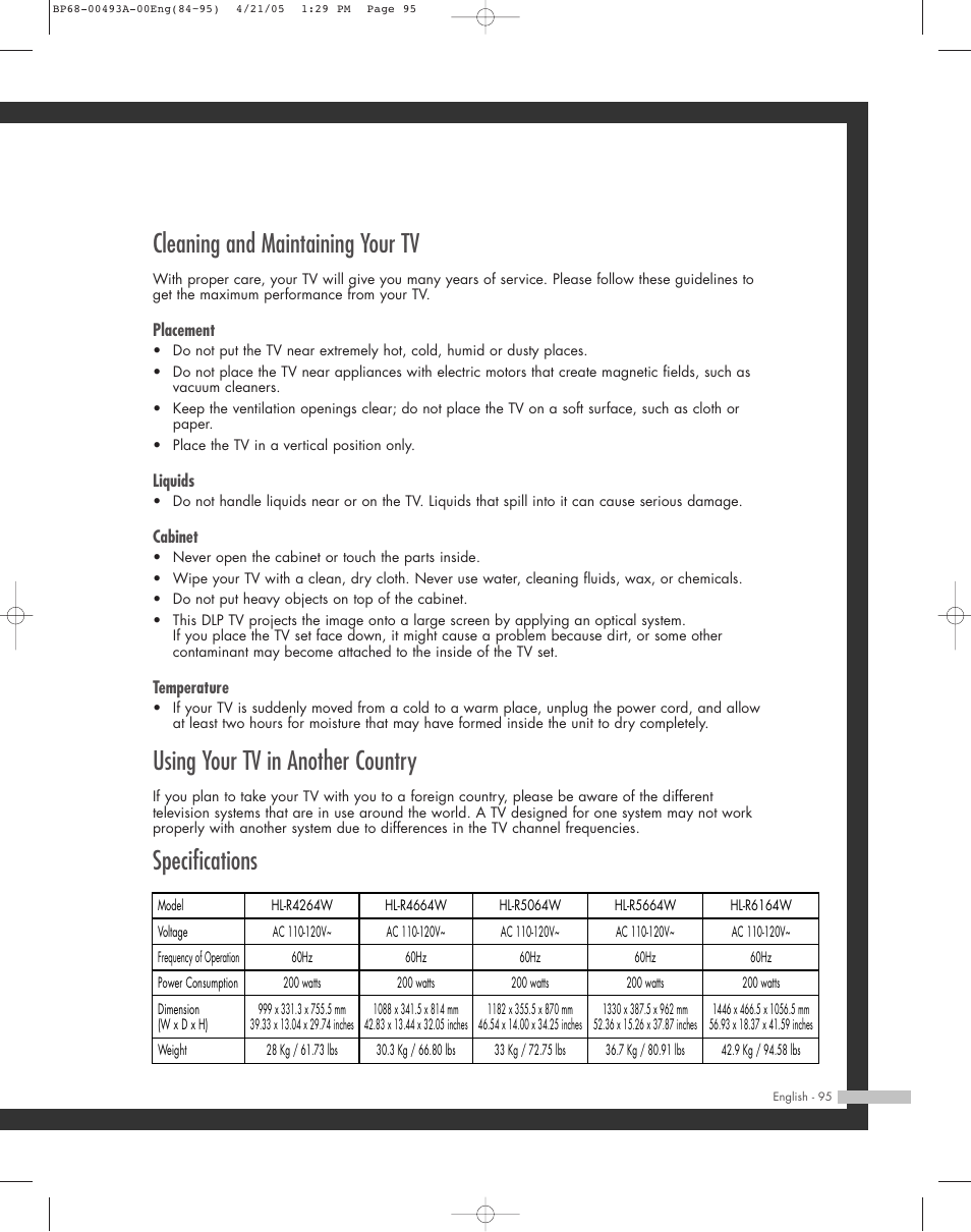 Cleaning and maintaining your tv, Using your tv in another country, Specifications | Samsung HL-R6164W User Manual | Page 95 / 96