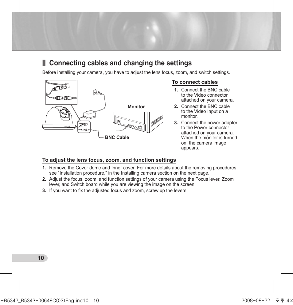 Connecting cables and changing the settings | Samsung SCC-B5342 User Manual | Page 10 / 16