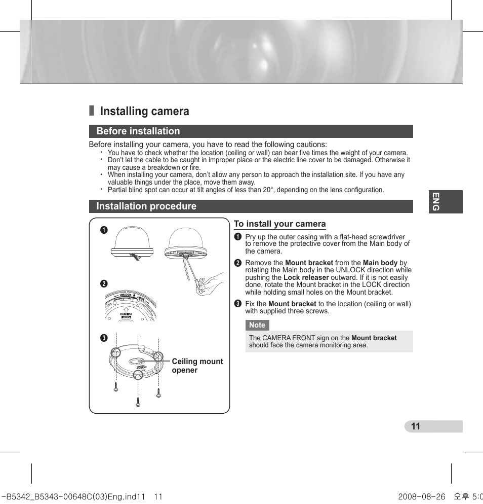 Installing camera, Before installation, Installation procedure | Samsung SCC-B5342 User Manual | Page 11 / 16