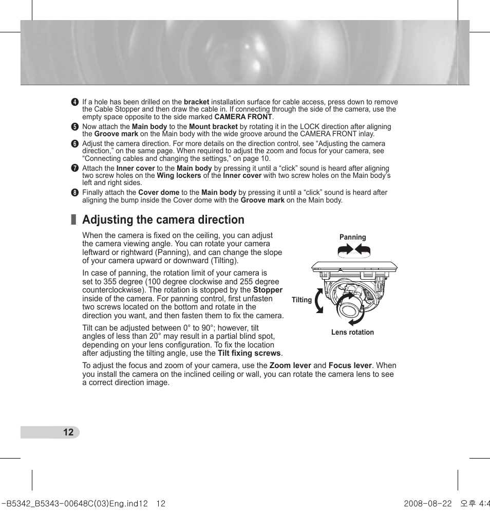 Adjusting the camera direction | Samsung SCC-B5342 User Manual | Page 12 / 16
