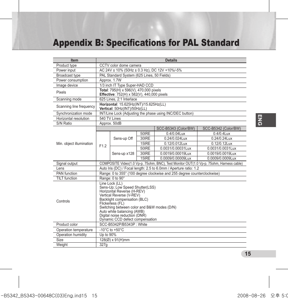 Appendix b: specifications for pal standard | Samsung SCC-B5342 User Manual | Page 15 / 16