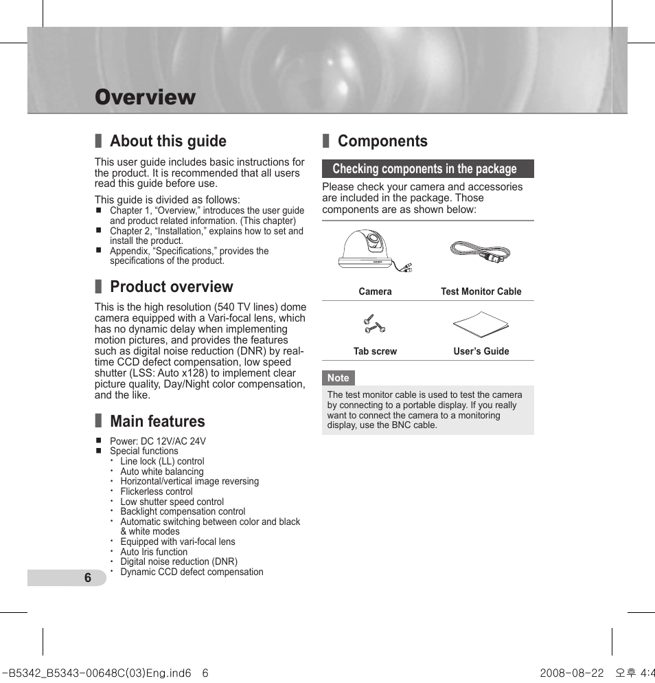 Overview, About this guide, Product overview | Main features, Components | Samsung SCC-B5342 User Manual | Page 6 / 16