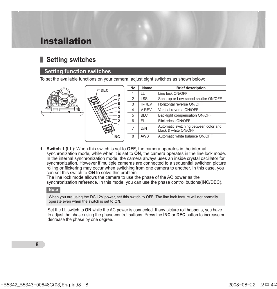 Installation, Setting switches, Setting function switches | Samsung SCC-B5342 User Manual | Page 8 / 16