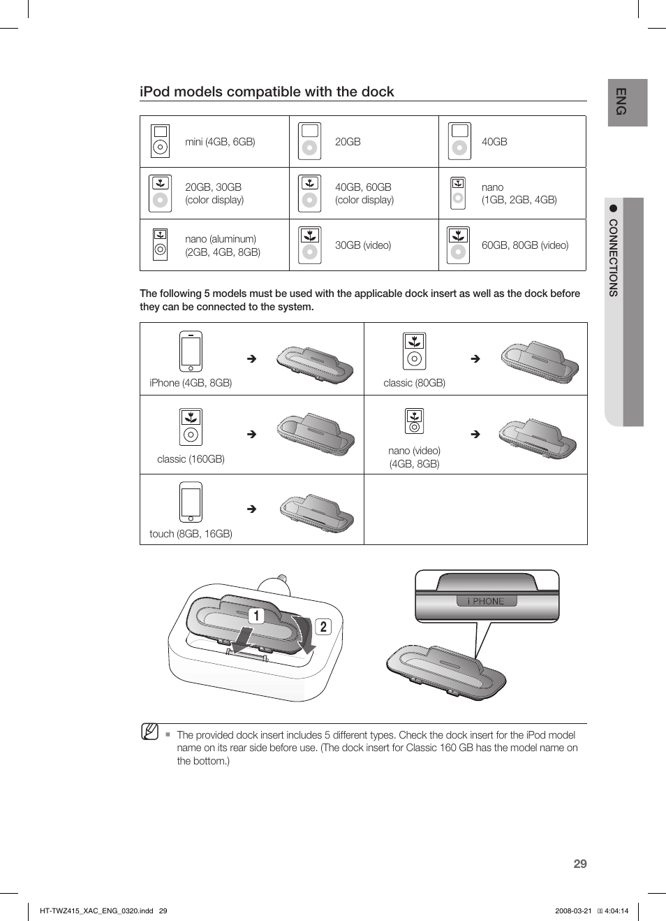 Ipod models compatible with the dock | Samsung AH68-02047N User Manual | Page 29 / 75