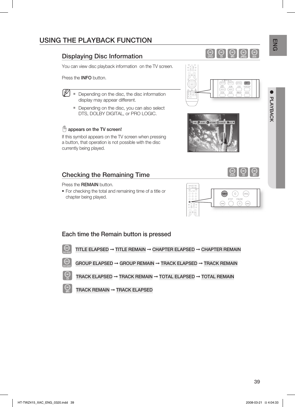 Dbagd, Using the playback function | Samsung AH68-02047N User Manual | Page 39 / 75