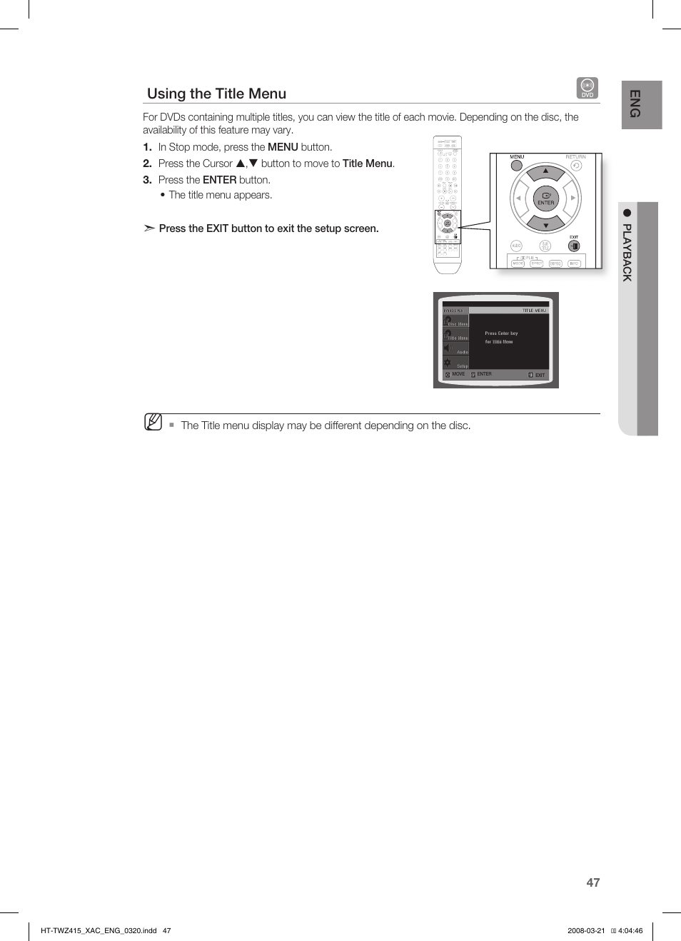 Using the title menu | Samsung AH68-02047N User Manual | Page 47 / 75