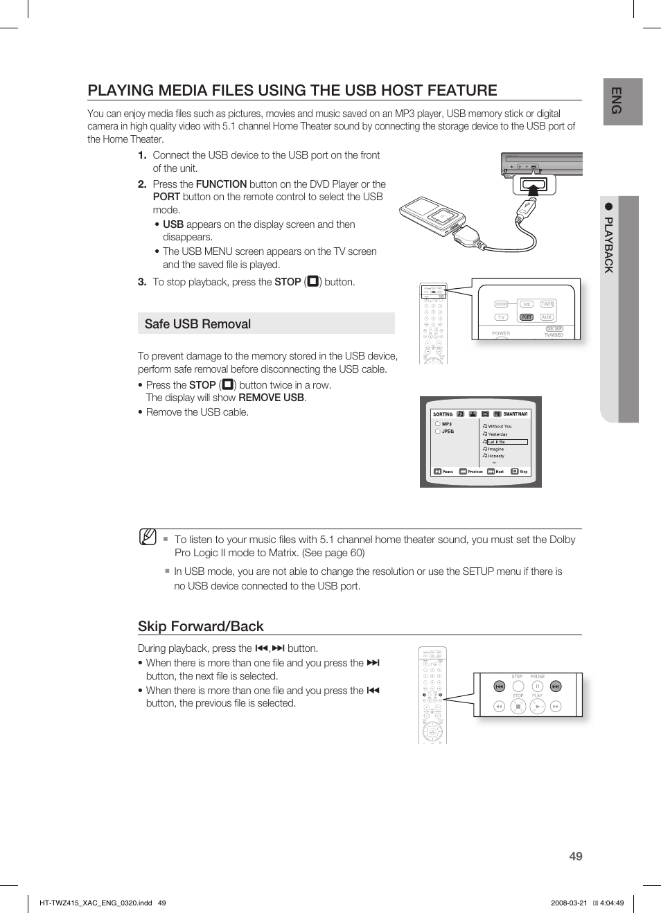 Playing media files using the usb host feature, Skip forward/back | Samsung AH68-02047N User Manual | Page 49 / 75