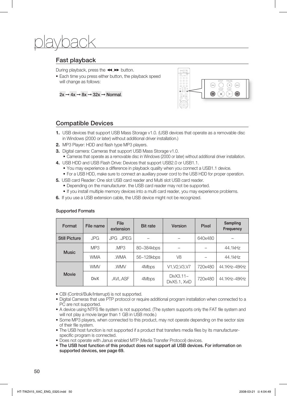 Fast playback, System setup, Seting the language | Playback, Compatible devices | Samsung AH68-02047N User Manual | Page 50 / 75