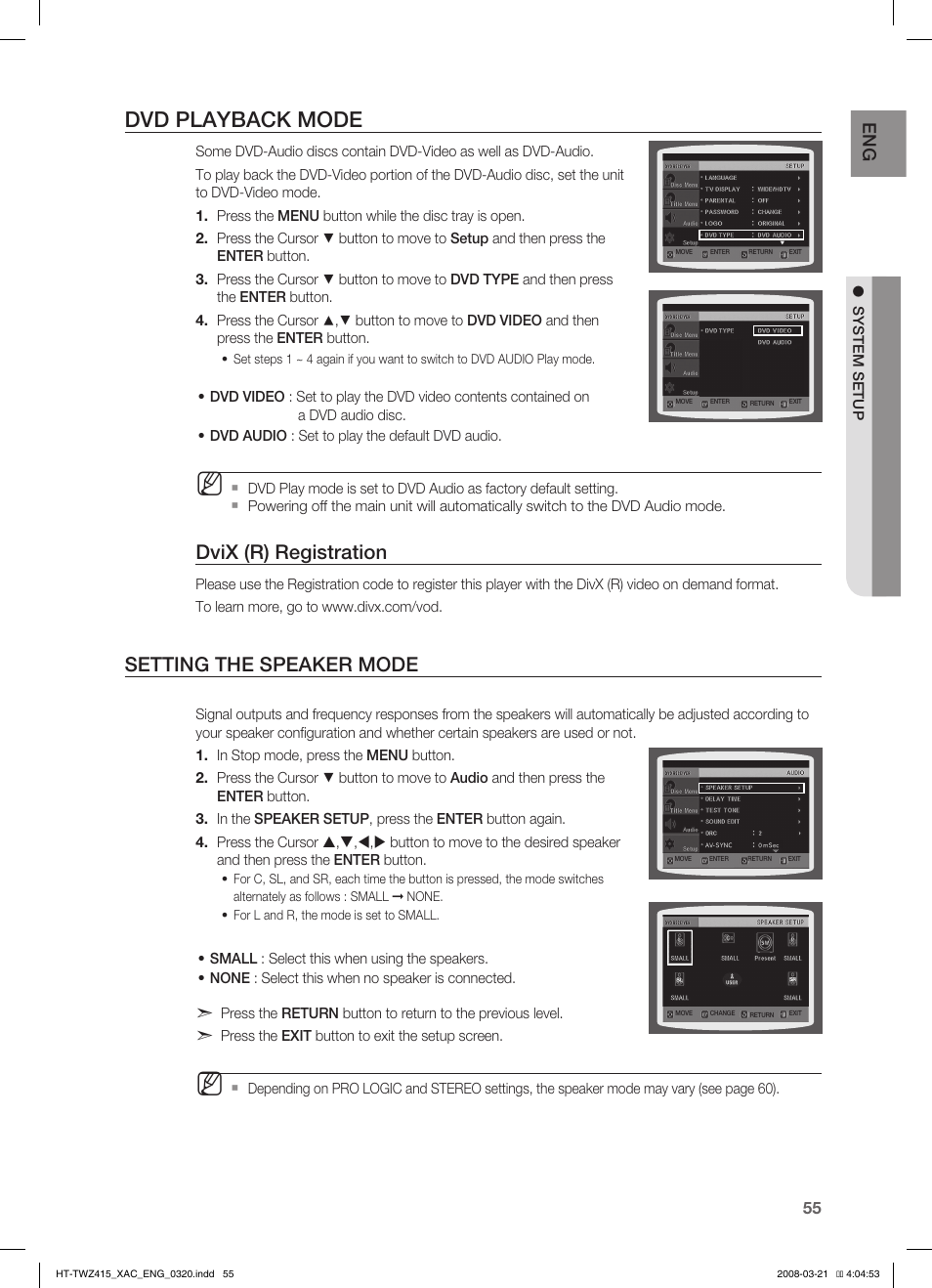 Dvd playback mode, Dvix (r) registration, Setting the speaker mode | Samsung AH68-02047N User Manual | Page 55 / 75