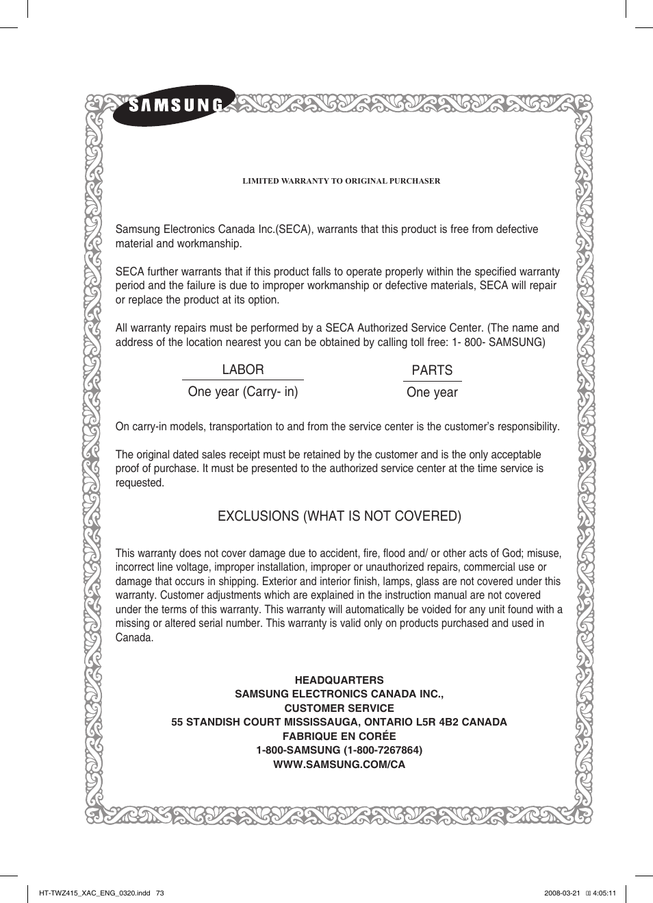 Exclusions (what is not covered) | Samsung AH68-02047N User Manual | Page 73 / 75